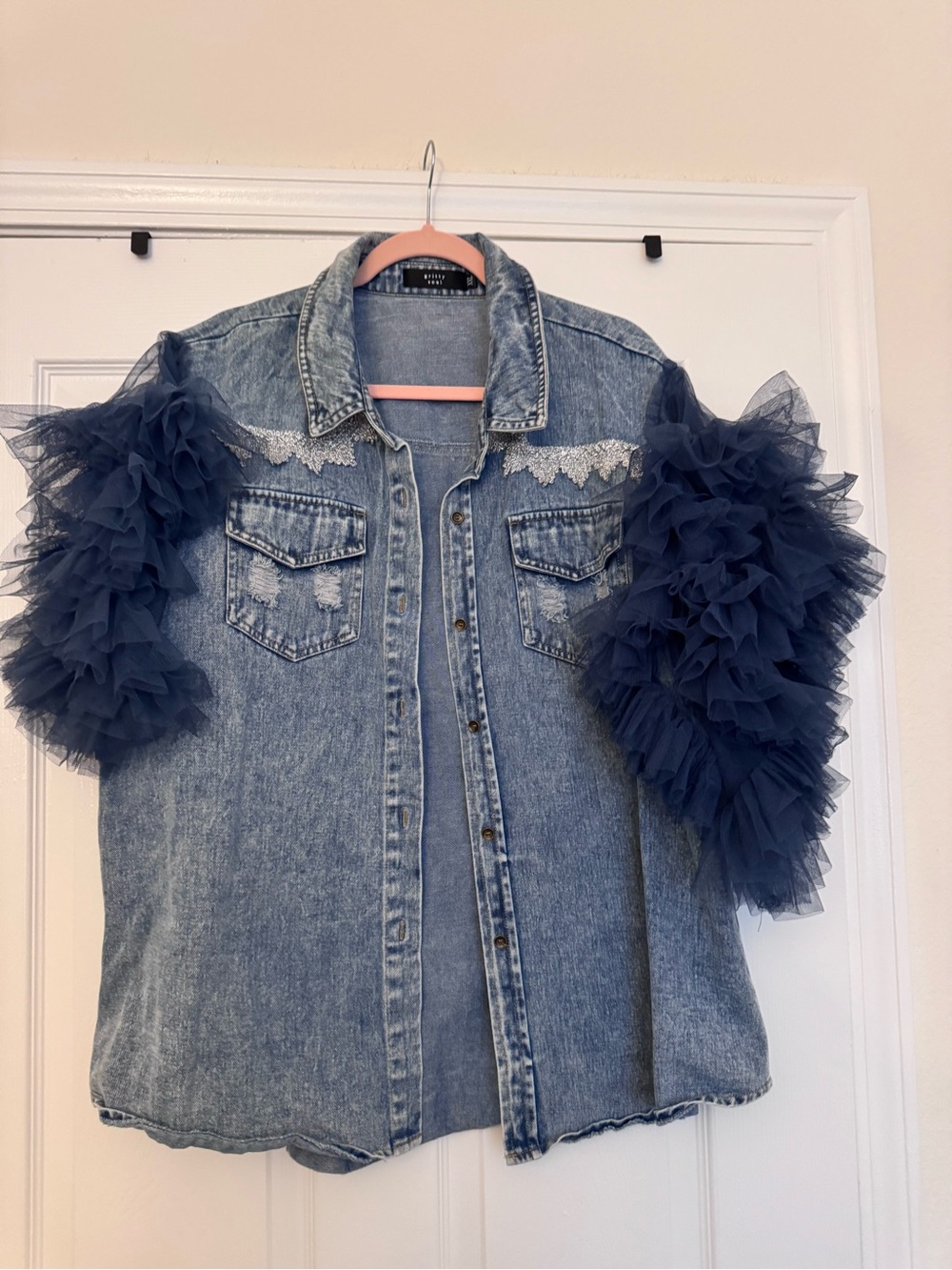 Denim Shirt with Navy Tulle Ruffle Sleeves